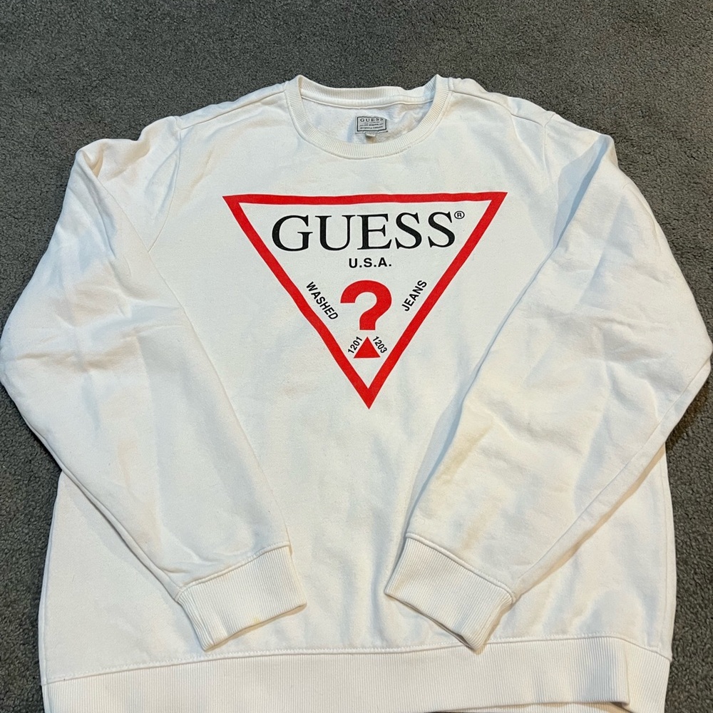 Guess White Crewneck Sweater with Iconic Logo
